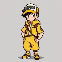 A 16x16 pixel art of a Pokémon trainer with gold accents, featuring a traditional Pokémon trainer uniform with a modern twist