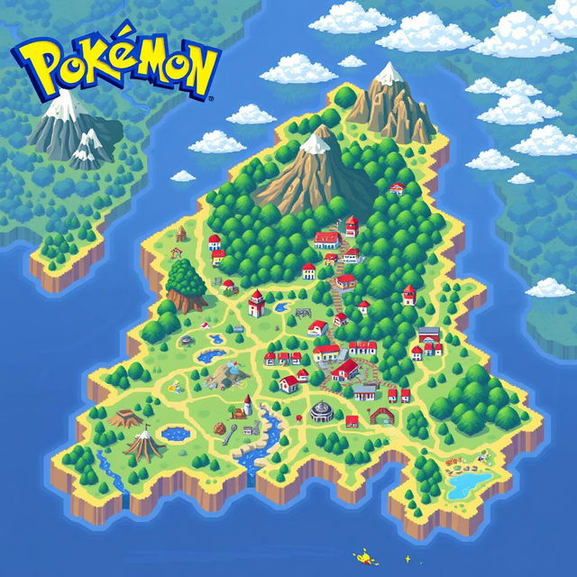 A pixel art representation of the Johto region from Pokémon, showcasing its iconic landscapes and cities like New Bark Town, Goldenrod City, and Ecruteak City