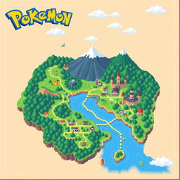 A pixel art representation of the Johto region from Pokémon, showcasing its iconic landscapes and cities like New Bark Town, Goldenrod City, and Ecruteak City