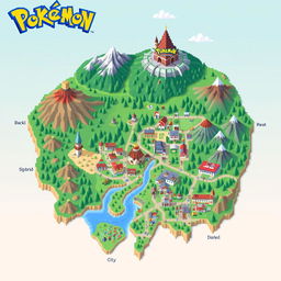 A pixel art representation of the Johto region from Pokémon, showcasing its iconic landscapes and cities like New Bark Town, Goldenrod City, and Ecruteak City