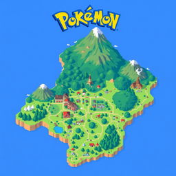 A pixel art representation of the Johto region from Pokémon, showcasing its iconic landscapes and cities like New Bark Town, Goldenrod City, and Ecruteak City