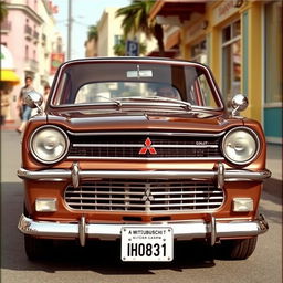 A vintage 1962 Mitsubishi Colt car, showcasing its classic retro design with rounded headlights, chrome accents, and a sleek compact body style