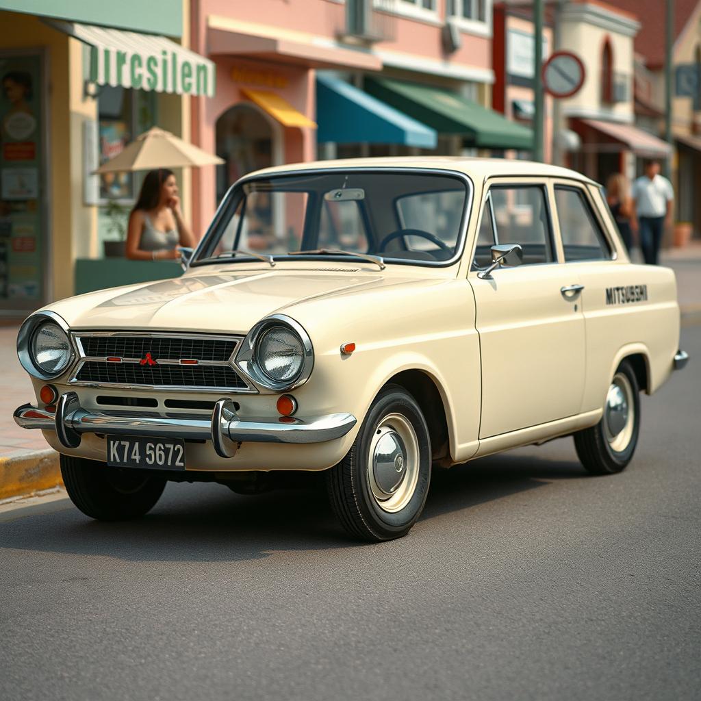 A vintage 1962 Mitsubishi Colt car, showcasing its classic retro design with rounded headlights, chrome accents, and a sleek compact body style