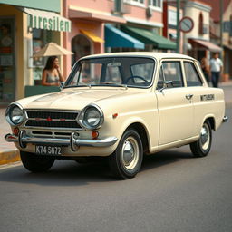 A vintage 1962 Mitsubishi Colt car, showcasing its classic retro design with rounded headlights, chrome accents, and a sleek compact body style