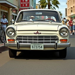 A vintage 1962 Mitsubishi Colt car, showcasing its classic retro design with rounded headlights, chrome accents, and a sleek compact body style