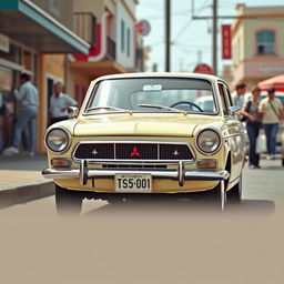 A vintage 1962 Mitsubishi Colt car, showcasing its classic retro design with rounded headlights, chrome accents, and a sleek compact body style