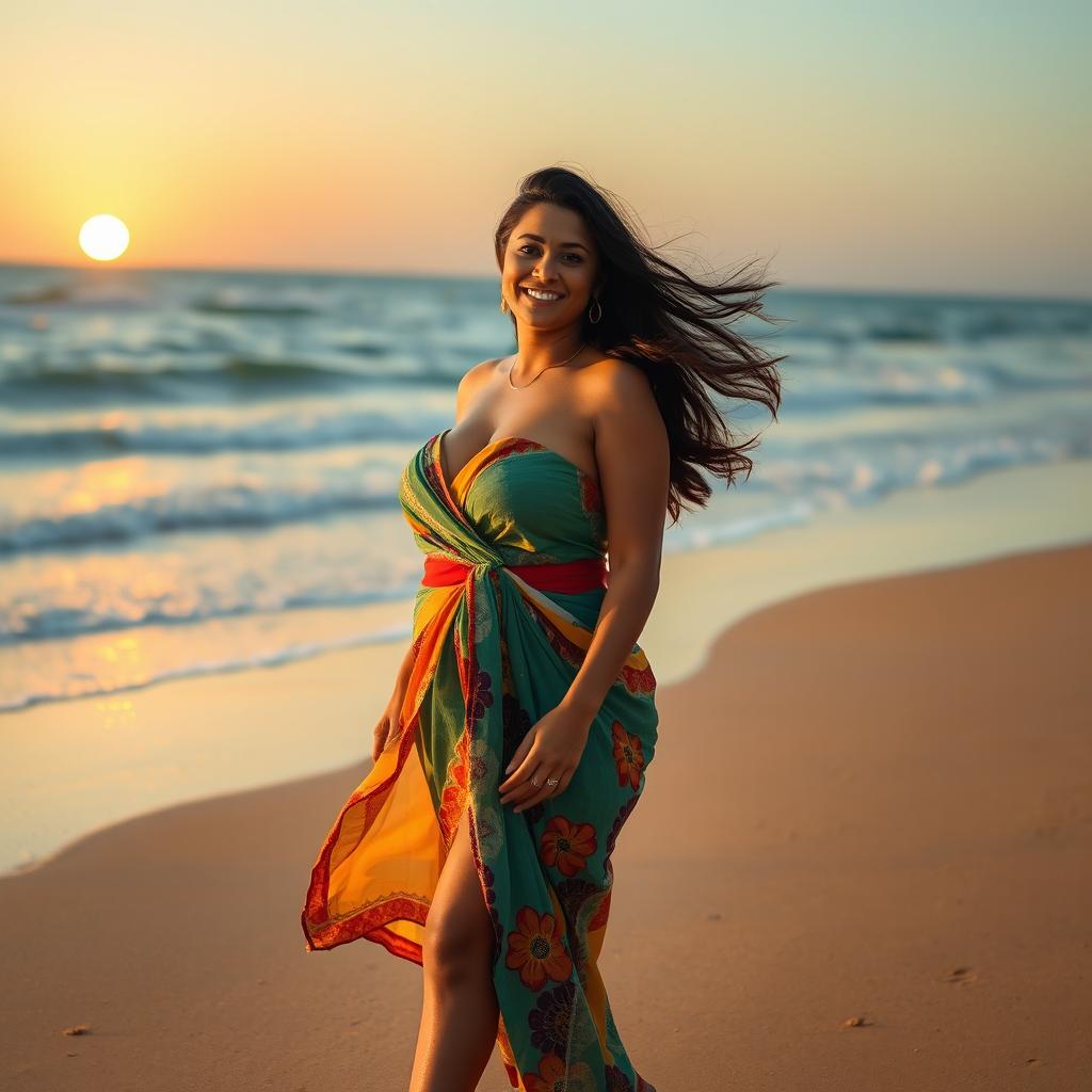 A stunning Indian woman with a curvaceous figure confidently walking along a picturesque beach