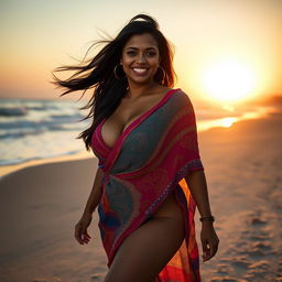 A stunning Indian woman with a curvaceous figure confidently walking along a picturesque beach