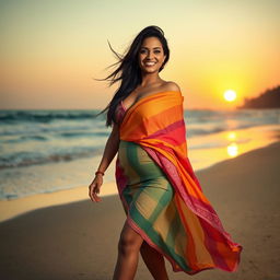 A stunning Indian woman with a curvaceous figure confidently walking along a picturesque beach