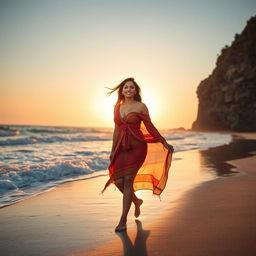 A stunning Indian woman with a curvaceous figure confidently walking along a picturesque beach