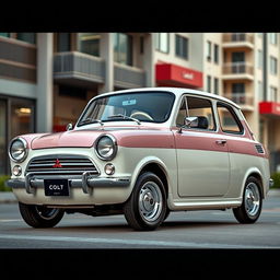 A modern retro version of the 1962 Mitsubishi Colt, featuring sleek and stylish design elements inspired by the classic car