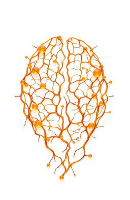 Amber mind cells forming a complex maze on a white background, capturing the intricate structure and delicate, organic connective patterns that mimic the layout of a mind