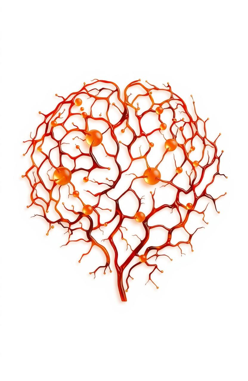 Amber mind cells forming a complex maze on a white background, capturing the intricate structure and delicate, organic connective patterns that mimic the layout of a mind