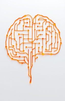 a maze created from glowing amber mind cells, arranged in the shape of a human mind, set against a pristine white background