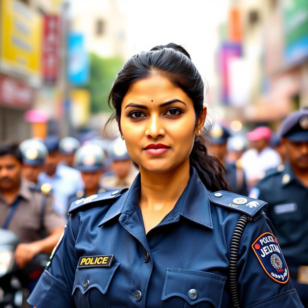 Confident Indian woman police officer in uniform, standing proudly