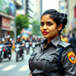 Confident Indian woman police officer in uniform, standing proudly