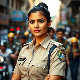 Confident Indian woman police officer in uniform, standing proudly