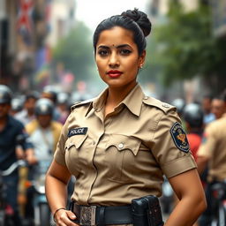 Confident Indian woman police officer in uniform, standing proudly