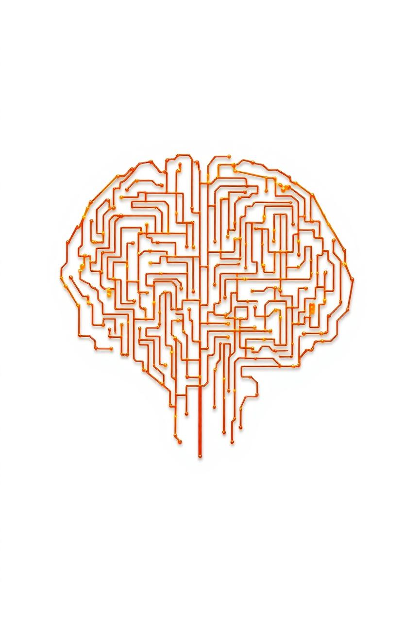 A complex maze formed by intricately connected amber mind cells, arranged to create the shape of a human mind