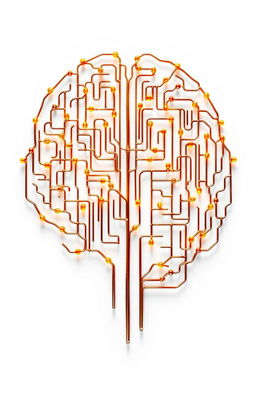 A complex maze formed by intricately connected amber mind cells, arranged to create the shape of a human mind