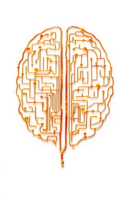 A complex maze formed by intricately connected amber mind cells, arranged to create the shape of a human mind