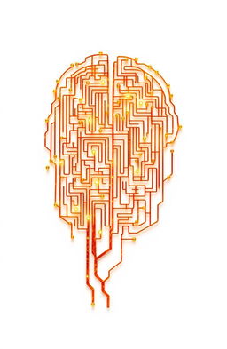 A complex maze formed by intricately connected amber mind cells, arranged to create the shape of a human mind