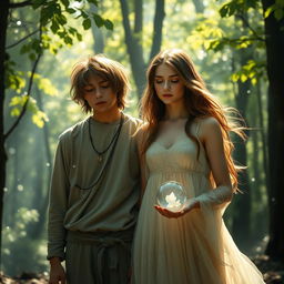 A mystical scene showcasing a young female seer and a young male visionary who is blind