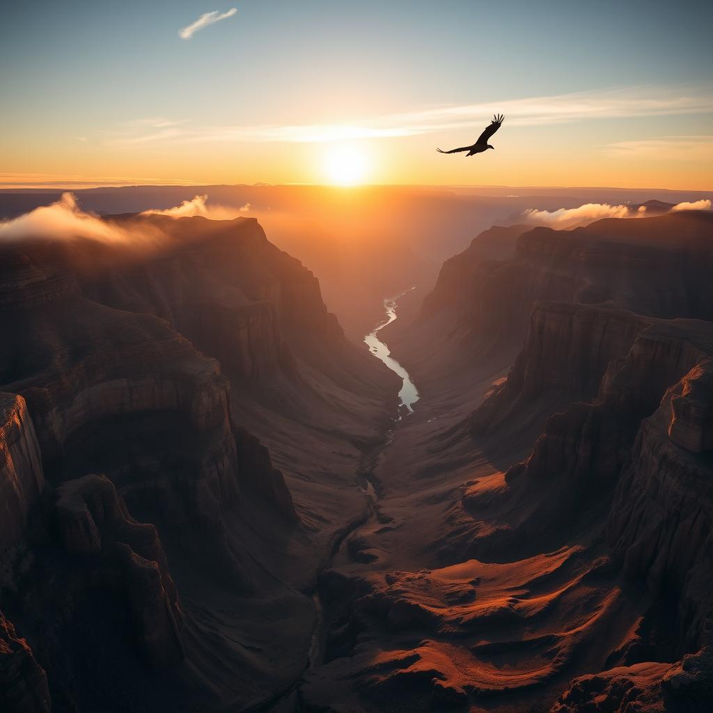 A stunning aerial photograph capturing the vast majesty of the Grand Canyon at sunrise