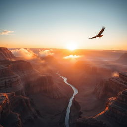 A stunning aerial photograph capturing the vast majesty of the Grand Canyon at sunrise