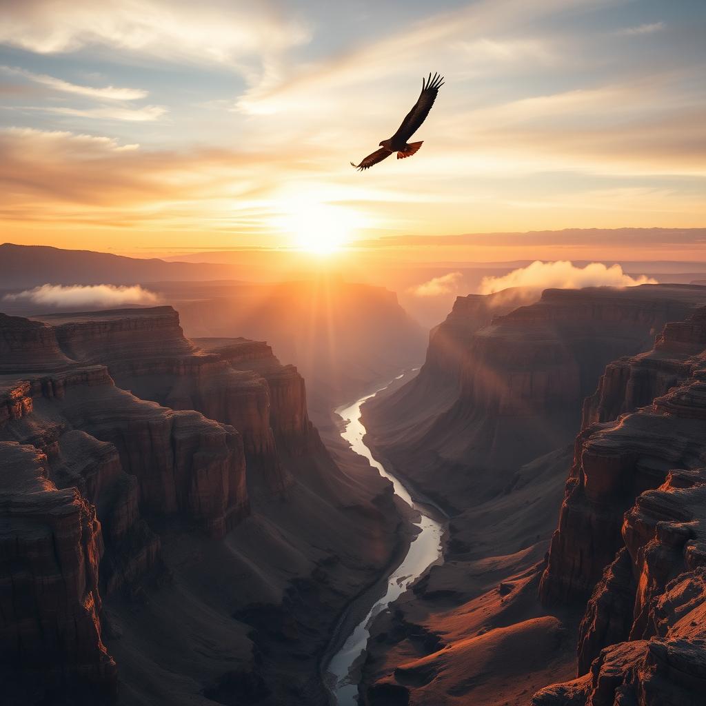 A stunning aerial photograph capturing the vast majesty of the Grand Canyon at sunrise