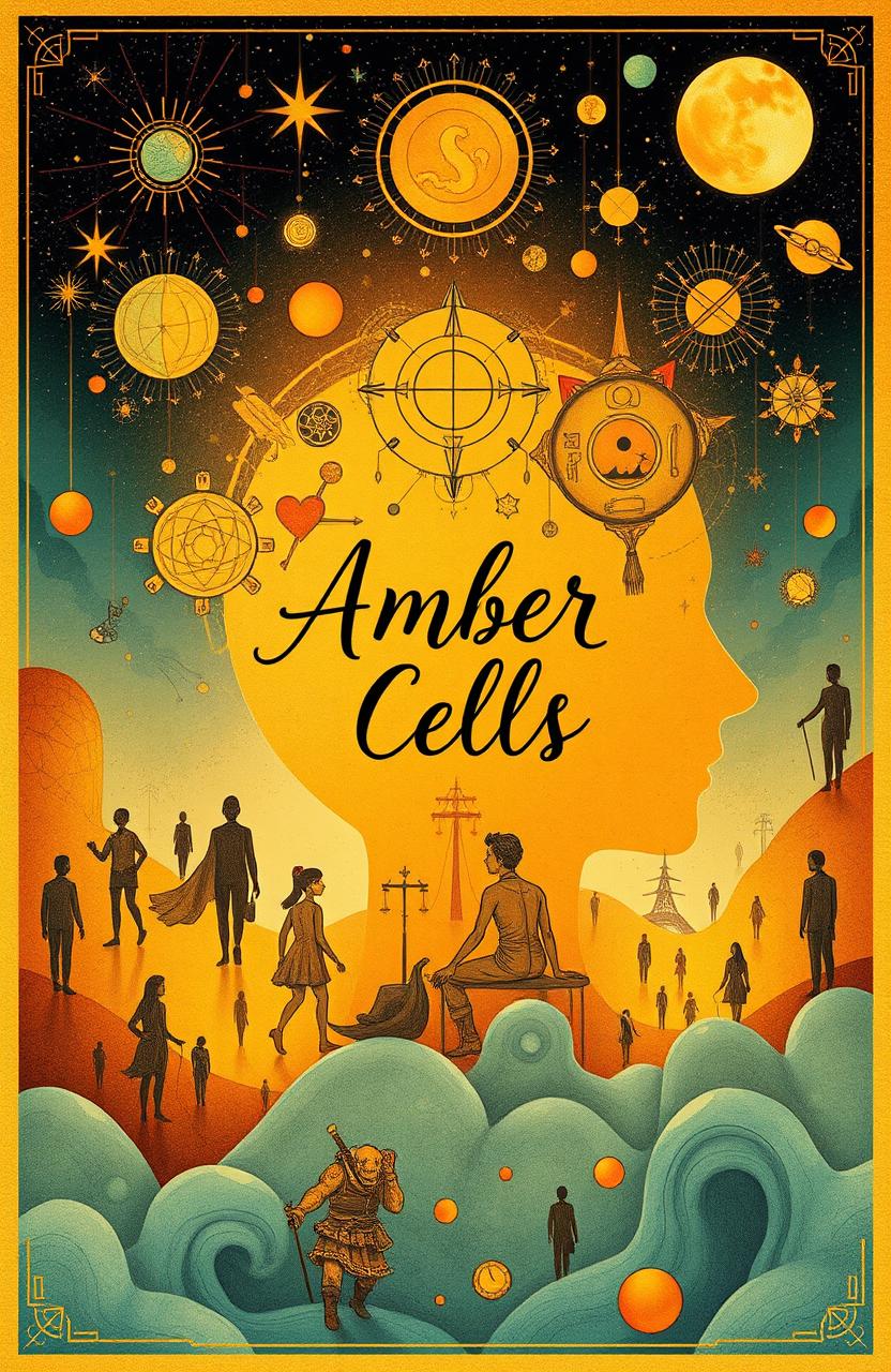 A captivating book cover illustration for a poetry collection titled "Amber Cells