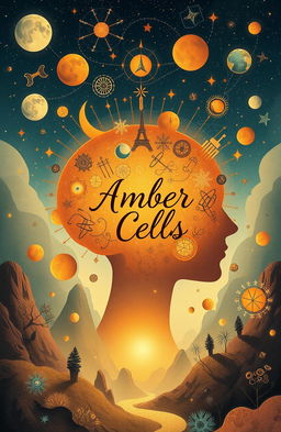 A captivating book cover illustration for a poetry collection titled "Amber Cells