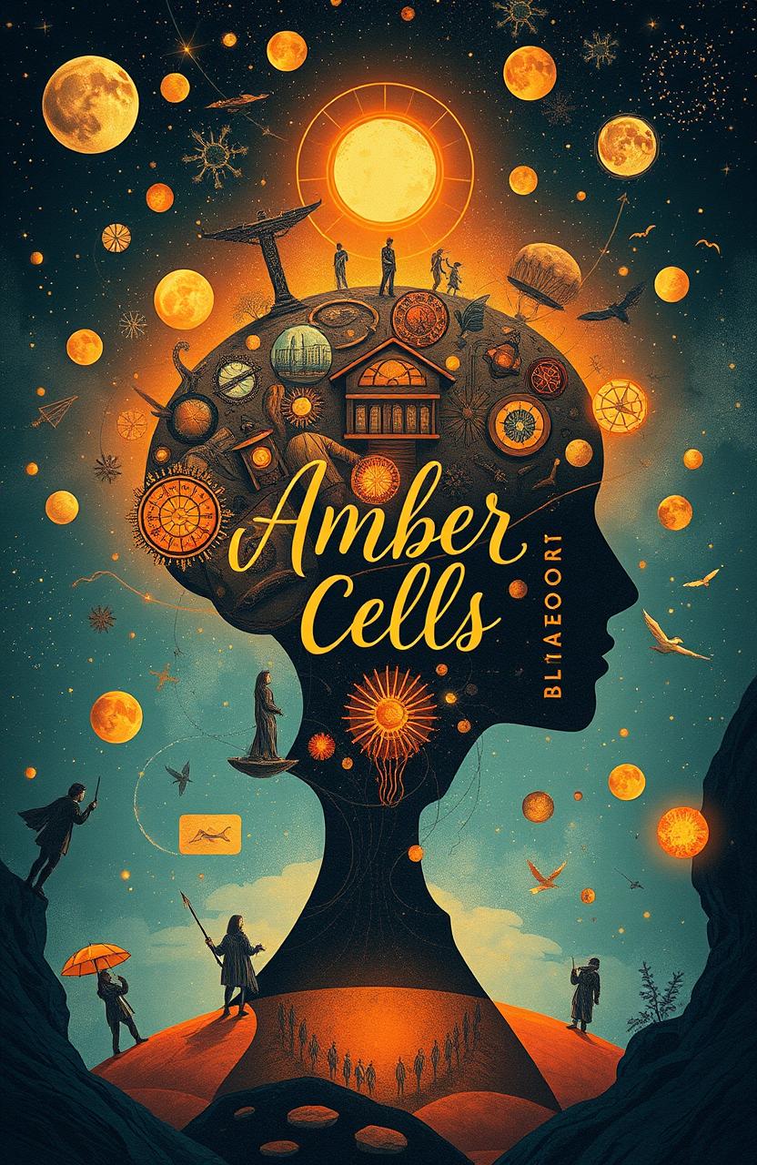 A captivating book cover illustration for a poetry collection titled "Amber Cells