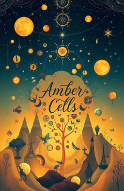 A captivating book cover illustration for a poetry collection titled "Amber Cells