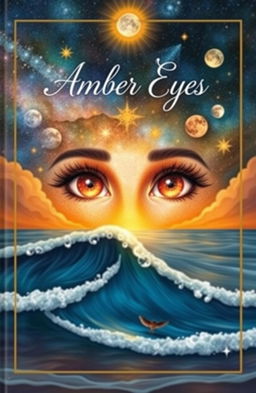 A captivating poetry book cover illustrating a pair of enchanting amber eyes gazing into the vast universe, surrounded by beautifully detailed celestial elements such as stars, the moon, and the sun