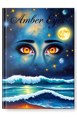 A captivating poetry book cover illustrating a pair of enchanting amber eyes gazing into the vast universe, surrounded by beautifully detailed celestial elements such as stars, the moon, and the sun