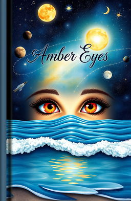 A captivating poetry book cover illustrating a pair of enchanting amber eyes gazing into the vast universe, surrounded by beautifully detailed celestial elements such as stars, the moon, and the sun