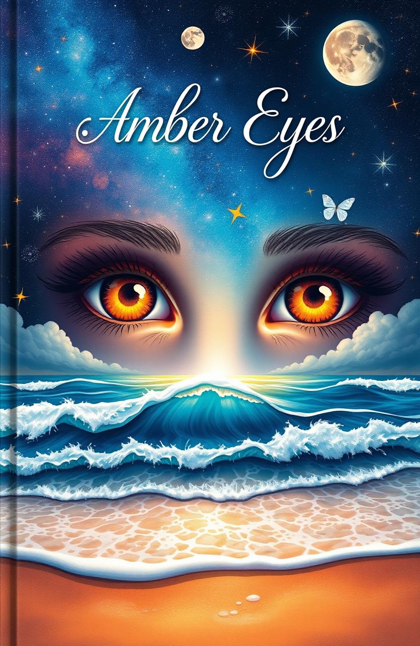 A captivating poetry book cover illustrating a pair of enchanting amber eyes gazing into the vast universe, surrounded by beautifully detailed celestial elements such as stars, the moon, and the sun