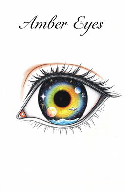 A poetry book cover featuring a detailed drawing of a single eye, with the iris containing a vivid depiction of the world