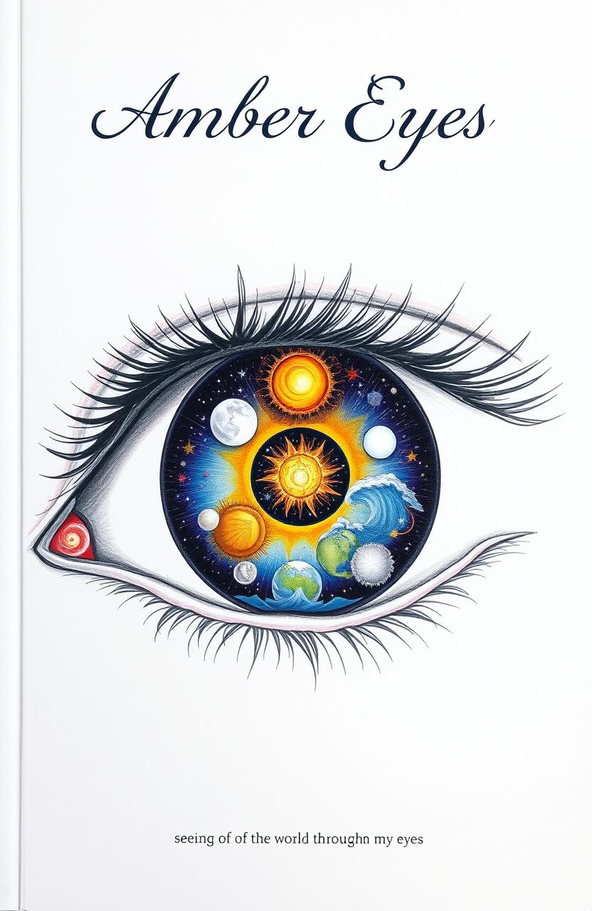 A poetry book cover featuring a detailed drawing of a single eye, with the iris containing a vivid depiction of the world