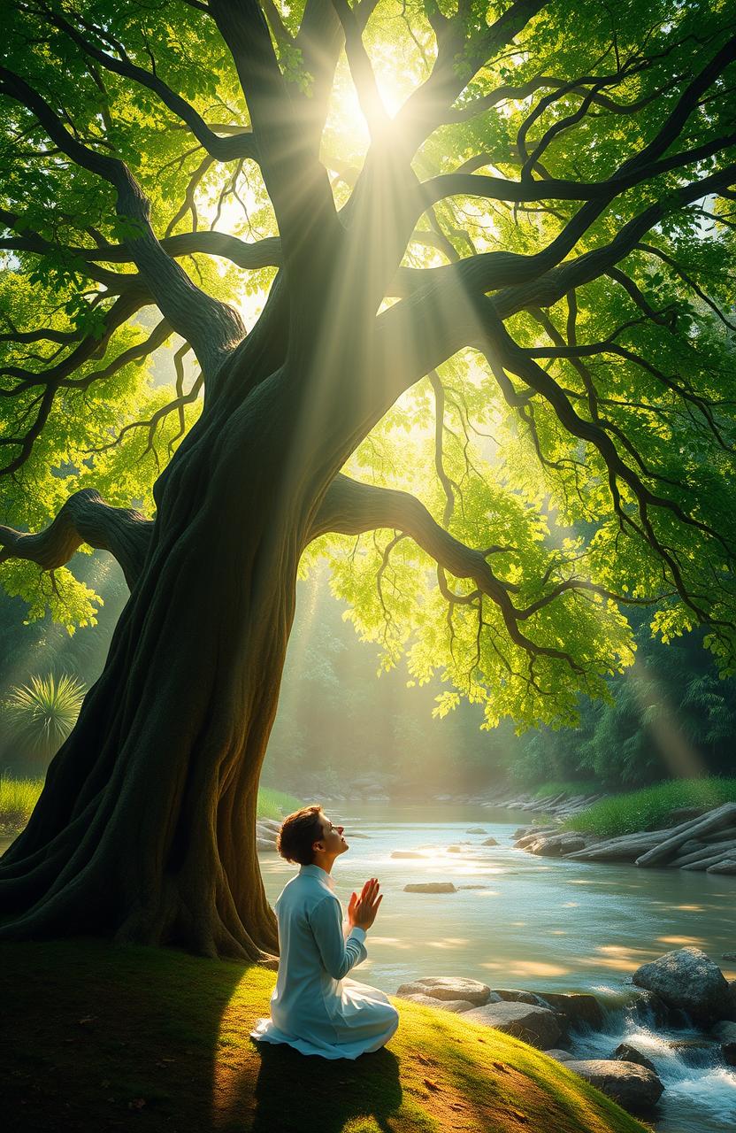 A serene and tranquil scene depicting a person in quiet prayer beneath an ancient, towering tree, whose branches reach towards the sky, symbolizing connection to the divine