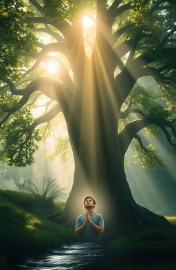 A serene and tranquil scene depicting a person in quiet prayer beneath an ancient, towering tree, whose branches reach towards the sky, symbolizing connection to the divine