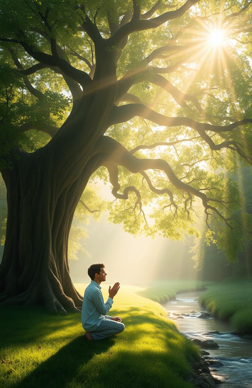 A serene and tranquil scene depicting a person in quiet prayer beneath an ancient, towering tree, whose branches reach towards the sky, symbolizing connection to the divine