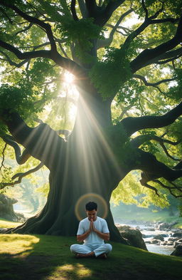 A serene and tranquil scene depicting a person in quiet prayer beneath an ancient, towering tree, whose branches reach towards the sky, symbolizing connection to the divine