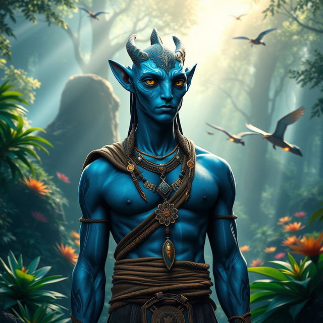 A majestic man transformed into an Avatar character, with striking blue skin, elongated ears, and luminous yellow eyes typical of the Na'vi