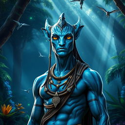 A majestic man transformed into an Avatar character, with striking blue skin, elongated ears, and luminous yellow eyes typical of the Na'vi