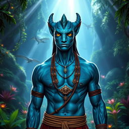 A majestic man transformed into an Avatar character, with striking blue skin, elongated ears, and luminous yellow eyes typical of the Na'vi