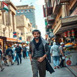 A Jordanian man confidently walking through downtown Amman, surrounded by the vibrant urban life of the city