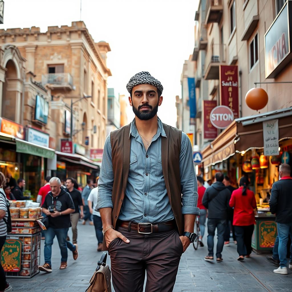 A Jordanian man confidently walking through downtown Amman, surrounded by the vibrant urban life of the city