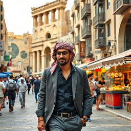 A Jordanian man confidently walking through downtown Amman, surrounded by the vibrant urban life of the city